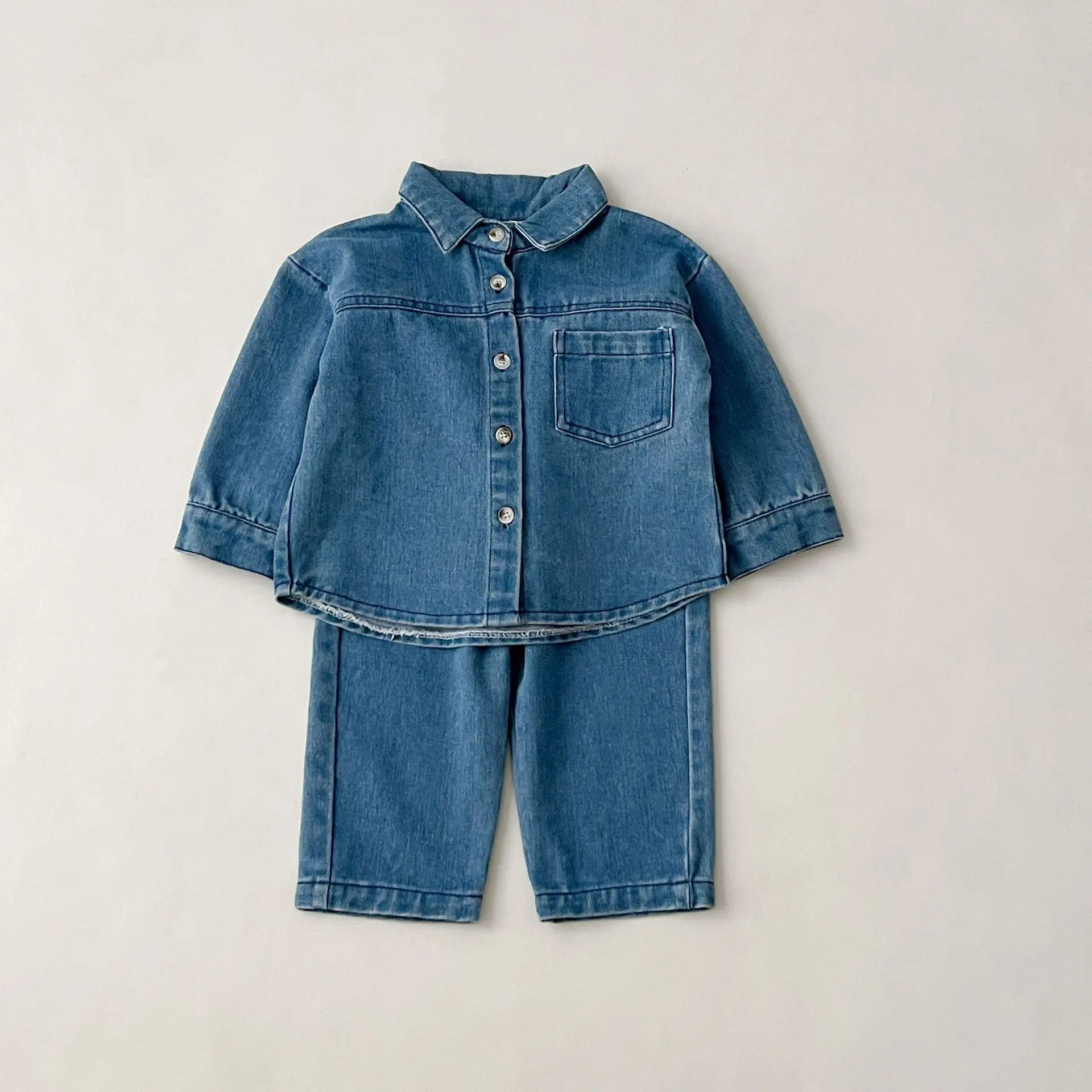 Solid Denim Suit Baby Spring Autumn Long-Sleeved Denim Shirt Jacket Trousers Two-Piece Baby Boys Girls Simple Casual 2PCS