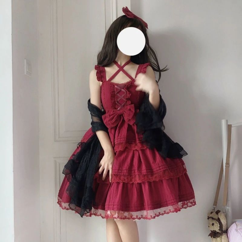 Japanese Red Sweet Lolita Princess Dress Kawaii Palace Style Lace Bow Fairy Cosplay Gothic Party Mini Dresses Lolita Jsk Outfit