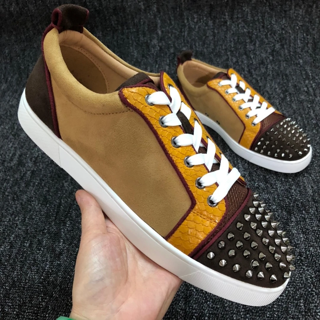 Men Color Block Suede Spiked Studded Sneakers Mixed Material Lace Up Flat Skate Shoes Classic Red Sole Street Punk Casual Footwe