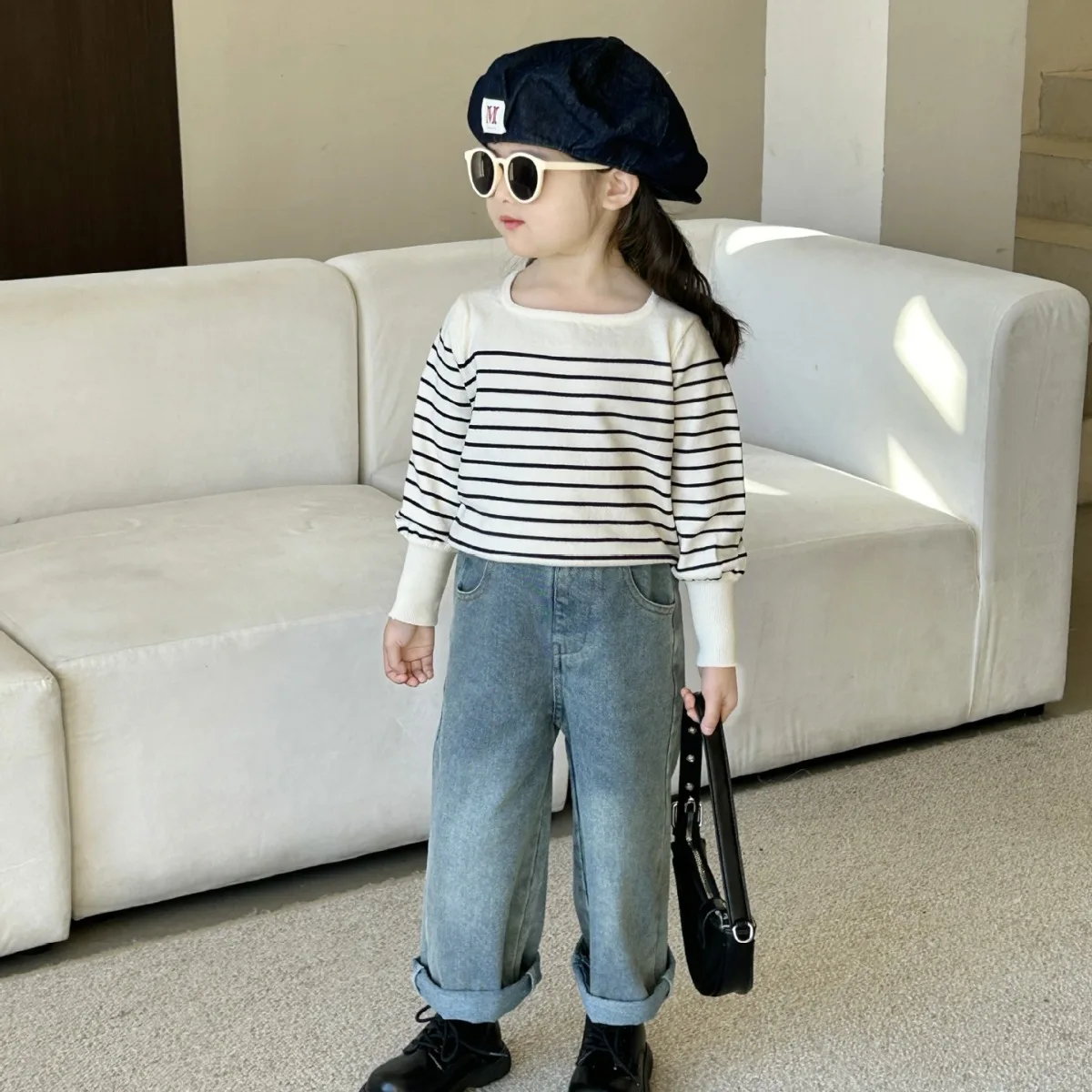 

Girls Sweater 2024 Autumn New Childrens Clothes Korean Style Girls Pullover Striped Thin Sweater Casual Simple and Match