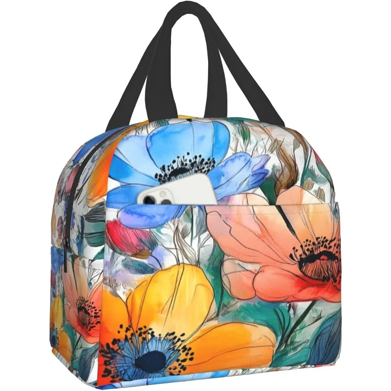 

Watercolor Floral Insulated Lunch Box for Women Men,Leaf Flowers Reusable Lunch Tote Bags for Office School Picnic Hiking