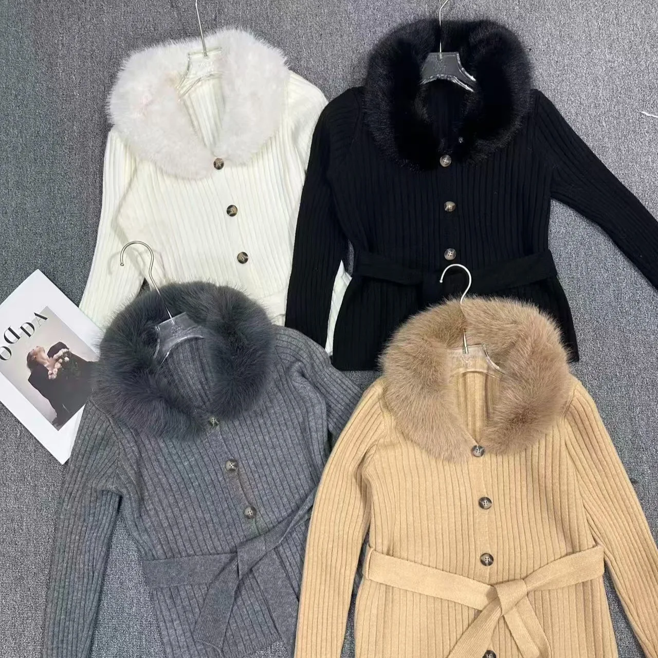 Women's Chic Long Sve Knitted Sweater with Fur Collar Waist-Cinching Slimming Versatile Faionable Autumn Winter Top