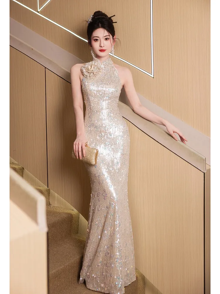 Chinese-style cheongsam light luxury niche banquets high-end sequined sparkling toasting dress