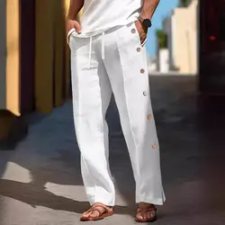 Men Casual Pants Loose Side Pockets Drawstring Elastic Waist Side Button Closure Quick-drying Beach Sweatpants Long Trousers