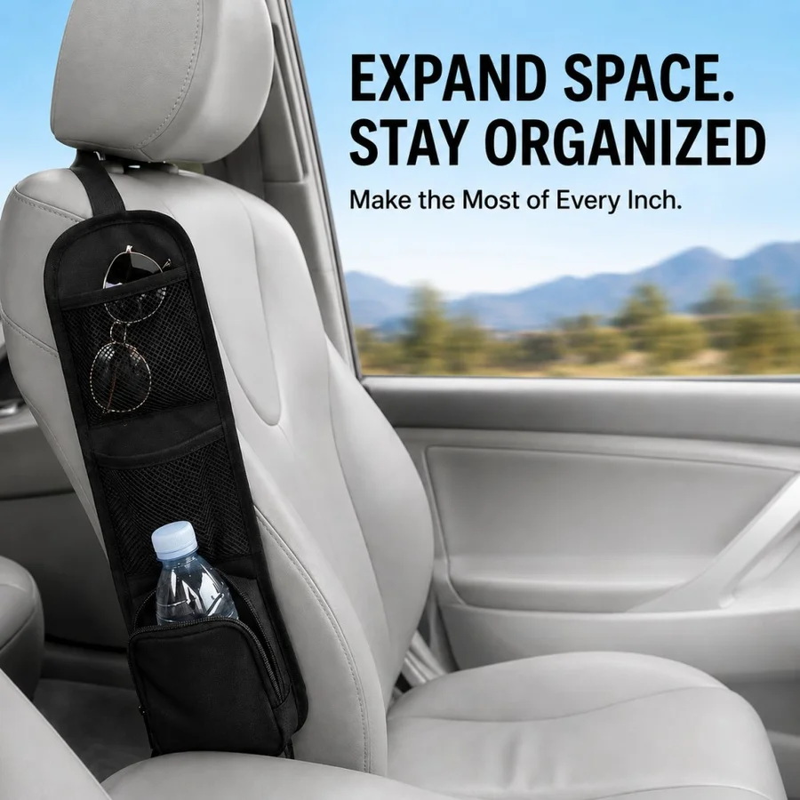Car Seat Side Hanging Storage Organizer Bag with Mesh Pockets, Seat Side Organizer Zipper Compartment and Elastic Straps