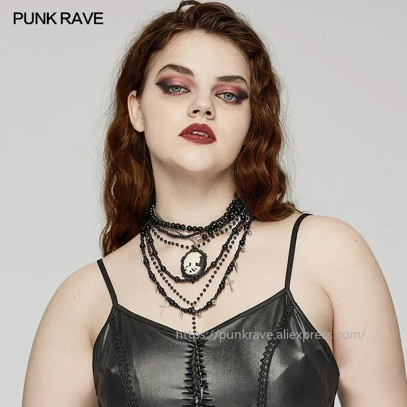 PUNK RAVE Women's Goth Skull Cameo Pendants Cross Multi Layers Necklace Exquisite Glass Bead Chains Party Club Accessories view 2