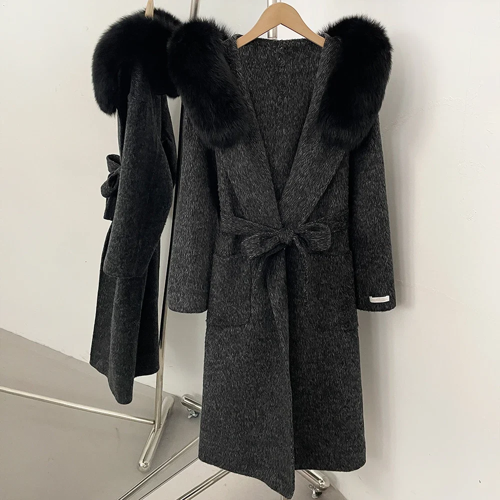 OFTBUY Luxuriöse Wolljacke mit Echtfellkragen und Kapuze, 100% Wollmantel für Damen, Neue Herbst-Winter-Lange Kleidung mit Natürlichem Fell – Detail 7