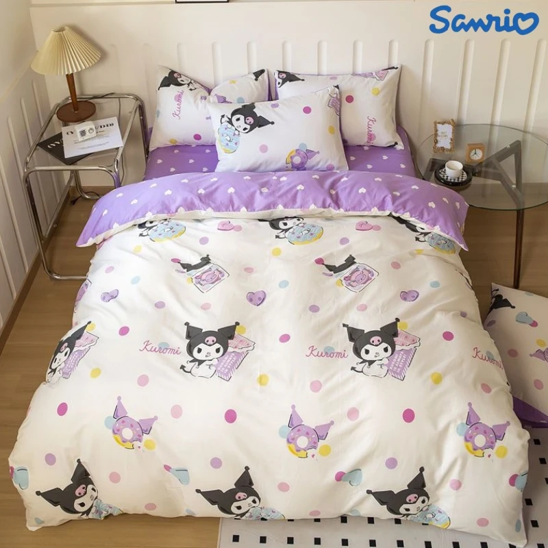 Sanrio Bedding Set 100%Cotton Kuromi Cinnamoroll Hello Kitty Melody Duvet Cover Bed Sheet Pillowcase King Queen Home Textile