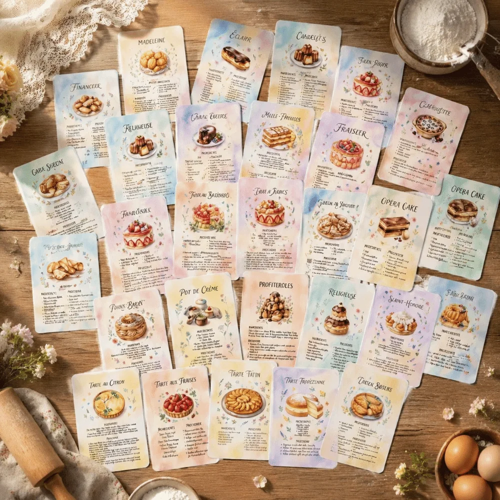 Cartões de Receitas de Sobremesas Vintage, Listas de Ingredientes, Instruções de Passos, Cartões de Receitas de Sobremesas Portáteis Retro