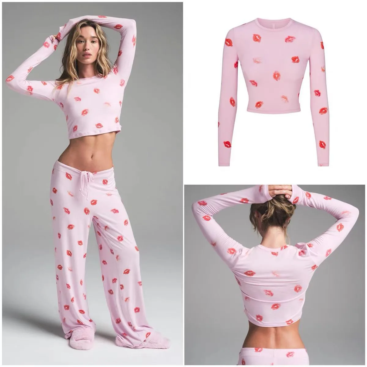 

Vntine's Day Limited IAMUBABA SP Lip Print Home Clothes Long Sve Long Pants Strap orts Set Casual Sle round Ne Co...
