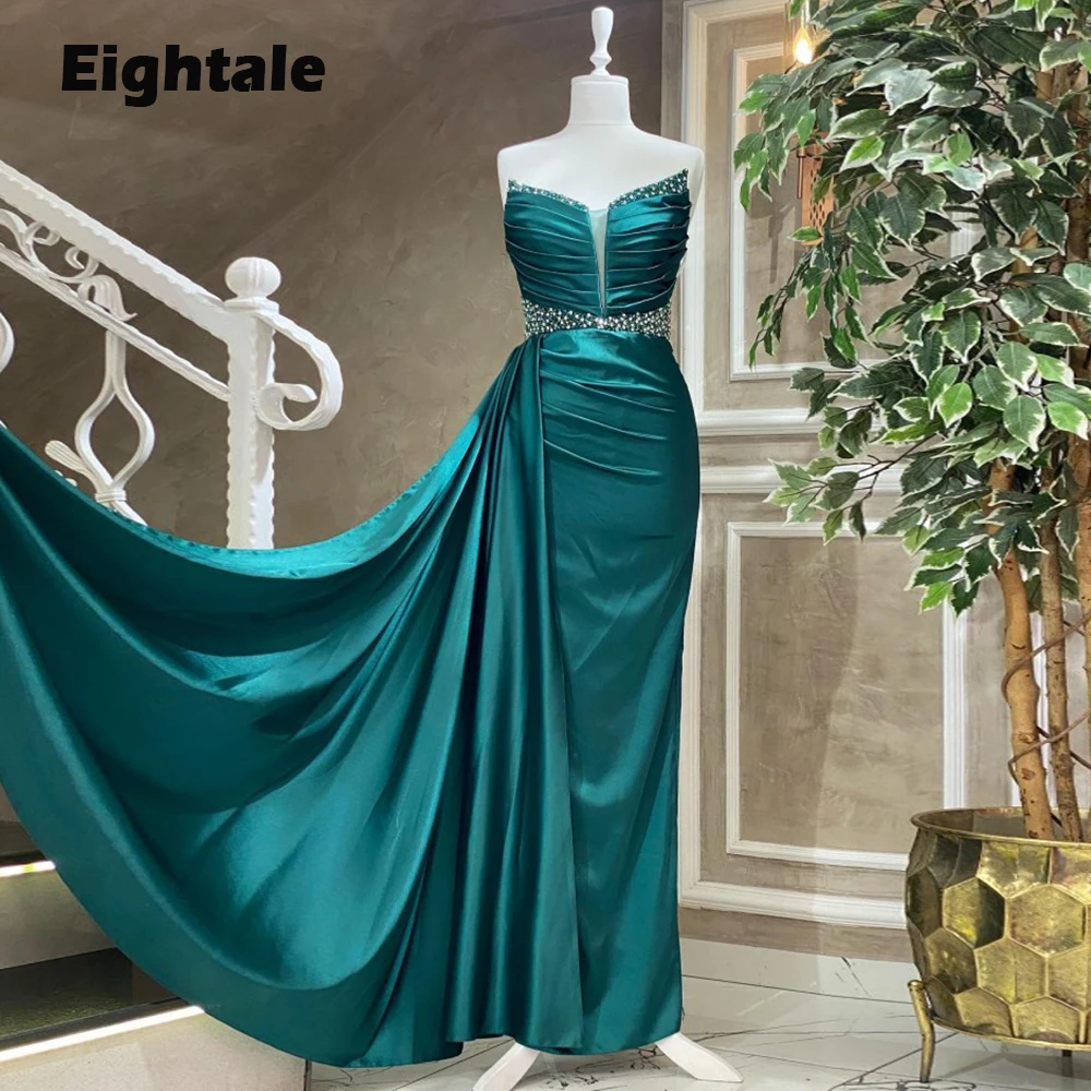 

Eightale Arabic Evening Dresses Emerald Green Formal Satin Floor Length Beaded Pleats Celebrity Prom Party Gowns for Wedding