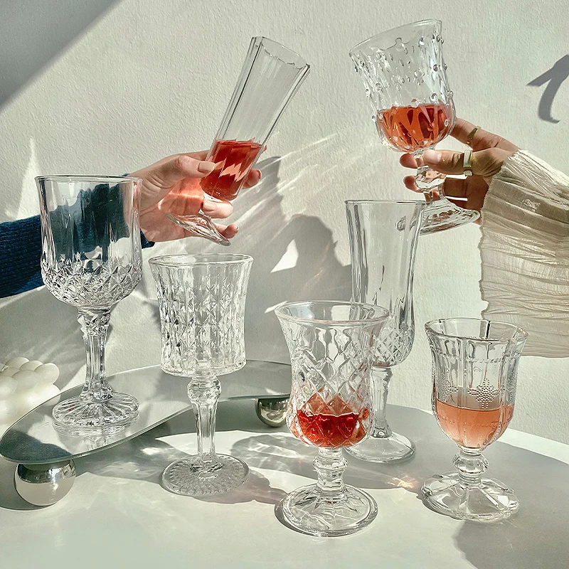 

Ambience: wine glasses, high-end delicate glasses, vintage embossed diamond glasses, glasses, goblets, champagne glasses