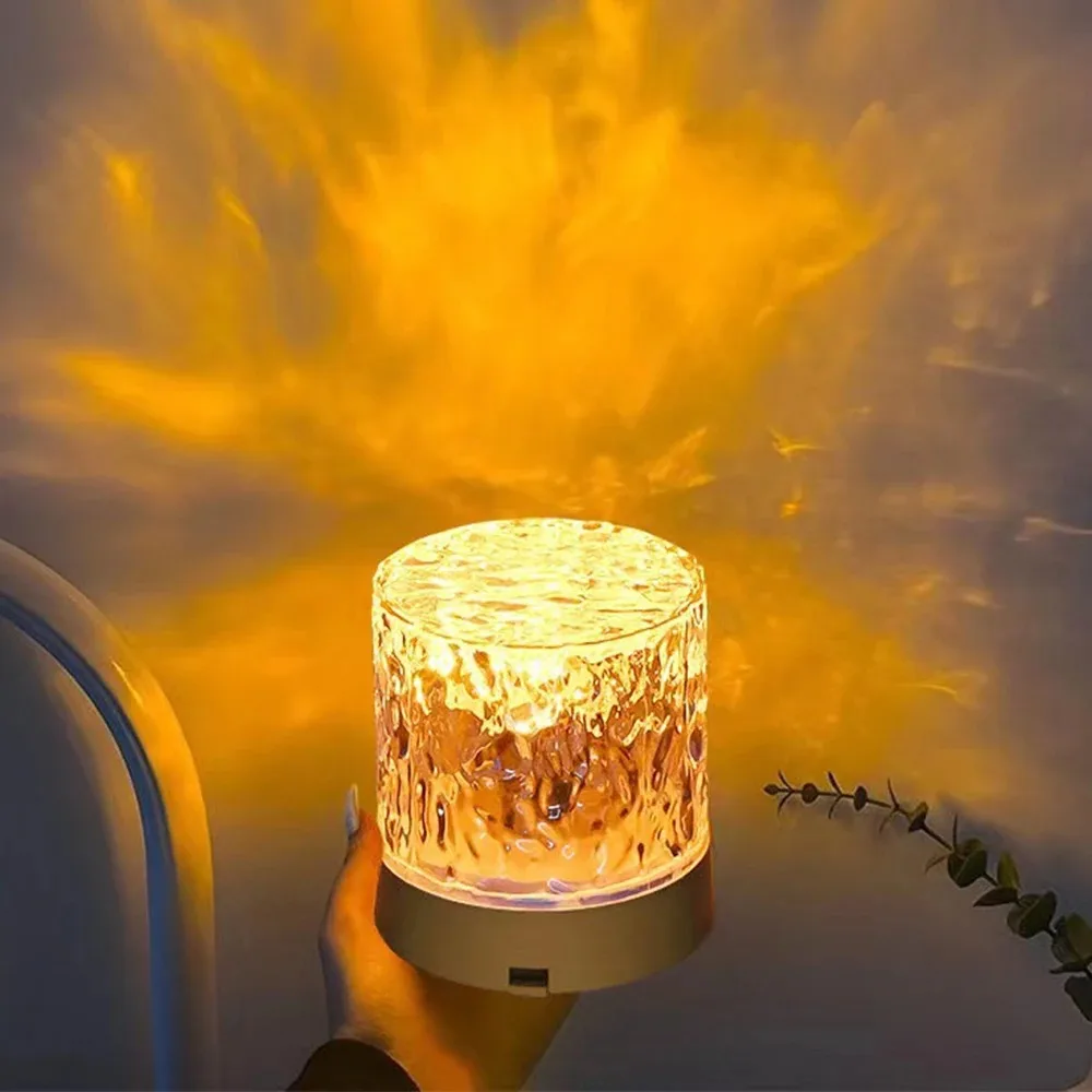 LED Water Ripple Ambiance Night Light USB Rotating Projection Crystal Table Lamp RGB Dimmable for Bedroom Bedside Game Room Gift