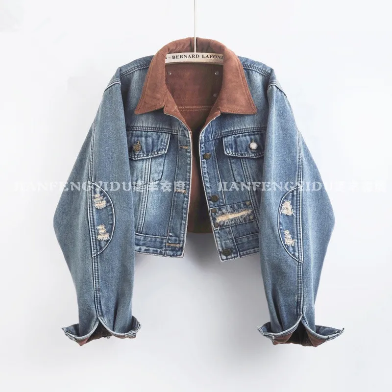 Fashion Frayed Burrs Hole Denim Jacket Autumn New Contrast Color Lapel Single-Breasted Long Sleeve Thicken Warm Cowboy Outerwear
