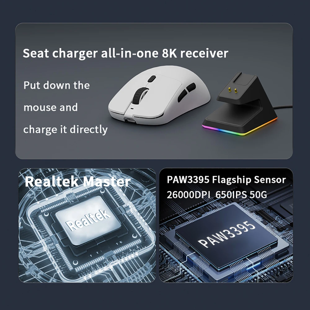 Motospeed X5 Gaming Mouse Magnetic Charging Base PAW3395 Double 8K Wireless Wire Connection Macro Gamer Mouse DPI 26000 Adjustab