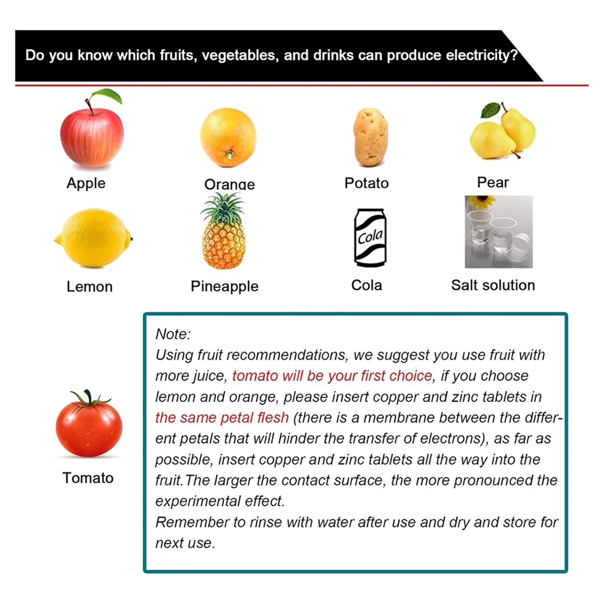 Fruit Battery Science Experiment Kit with Electronic Clock and RGB LED for DIY Home Teaching Toy