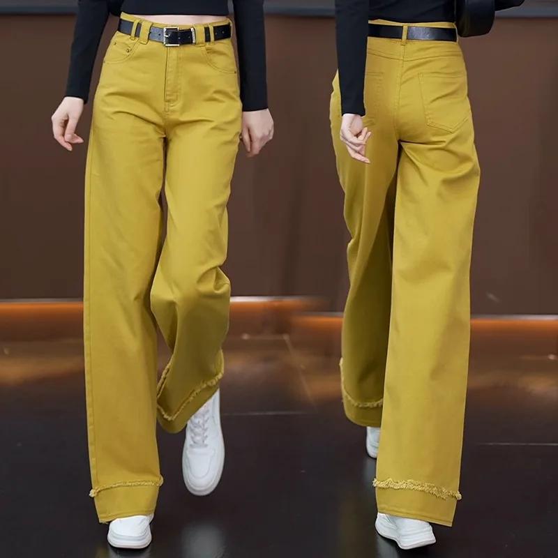 

Yellow Straight-Leg Jeans for Women, Slim Fit, High Waist, Loose Fit, Slimming, Draped, Comfortable Pants for Spring and Autumn