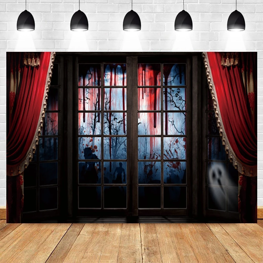 Halloween Decor Background Moon Night Retro Red Curtain Wood Window Ghost Bat Pumpkin Portrait Backdrop for Photography Props