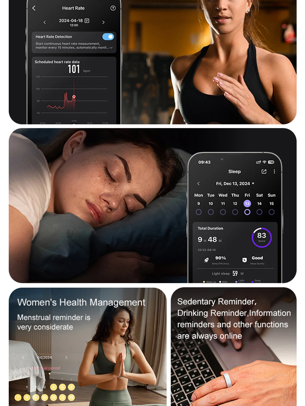 Anillo inteligente Bluetooth de cerámica para mujer, frecuencia cardíaca, oxígeno en sangre, monitoreo de salud del sueño, resistente al agua hasta 5 ATM, con estuche de carga