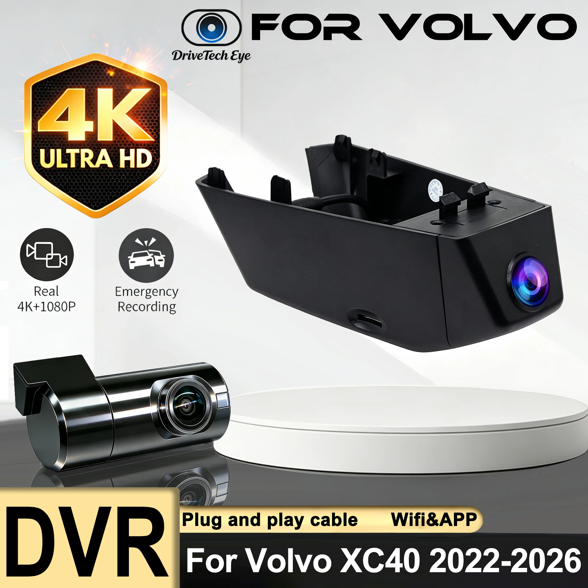 Dash Cam 4K For Volvo XC40 2022 2023 2024 2025 2026,Plug and Play Car DVR Dashcam Camera Video Recorder for Volvo