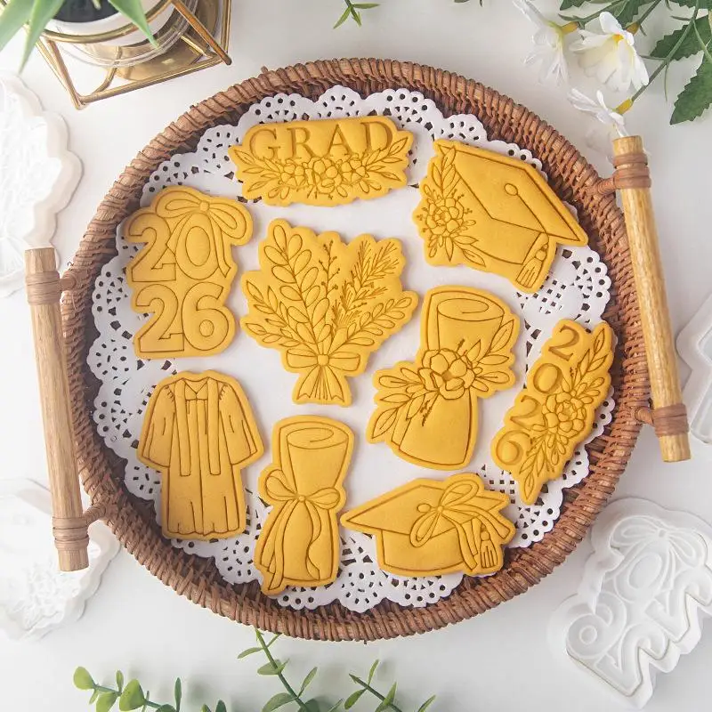 Graduation Cookie Mold Set Cap Diploma Gown Shapes BPA Free Easy Release Biscuit Cutter for DIY Baking Grad Party Supplies