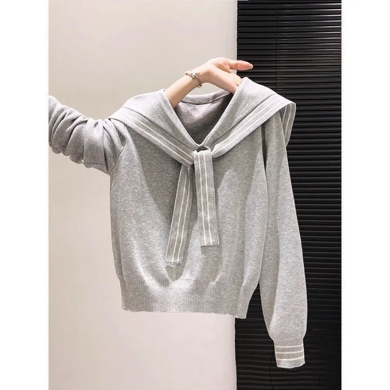 

Navy Collar 2025 Autumn Women's New Spliced Pullover Knitted Sweater Versatile Design Fashionable Long-sleeved Top