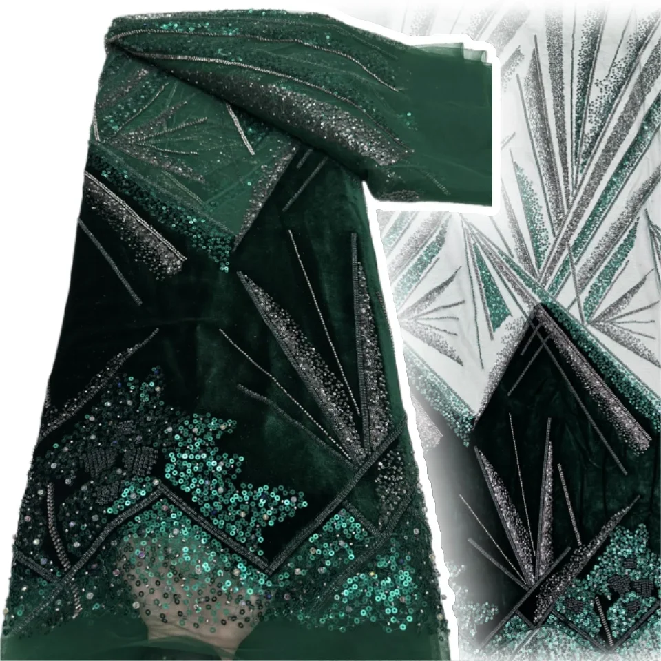 

Exquisite French Velvet Beaded Lace Fabric, 2026 Red African Groom Embroidered Sequined Fabric Wedding Party Dress Sewing 1956