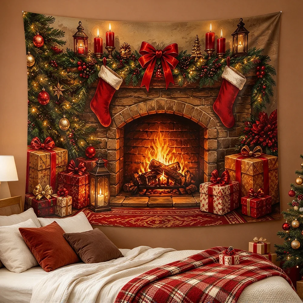 1PCS Tapestry, Christmas Fireplace Stockings Candles Tree Gifts Scene, Holiday Party Decoration for Home Studio Wall
