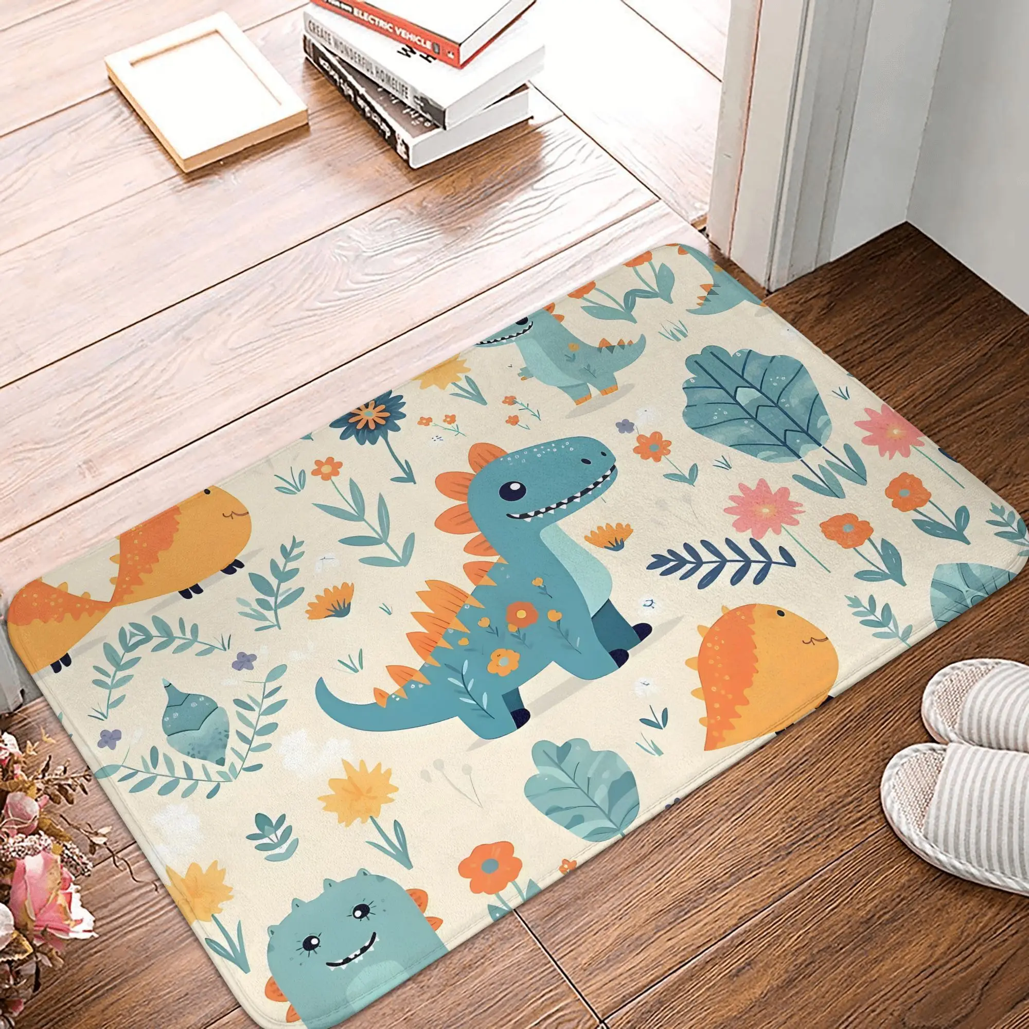 Dinosaur Floral Print Doormat Cream Blue Orange Illustrated Polyester Machine Washable Cold Water Only 80x50cm