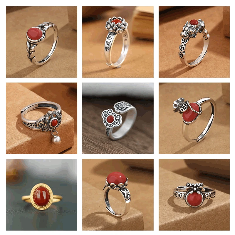 Ethnic Style Imitation South Red Agate Adjustable Ring Women Vintage Thai Silver Color Good Luck Gathering Money Party Jewelry