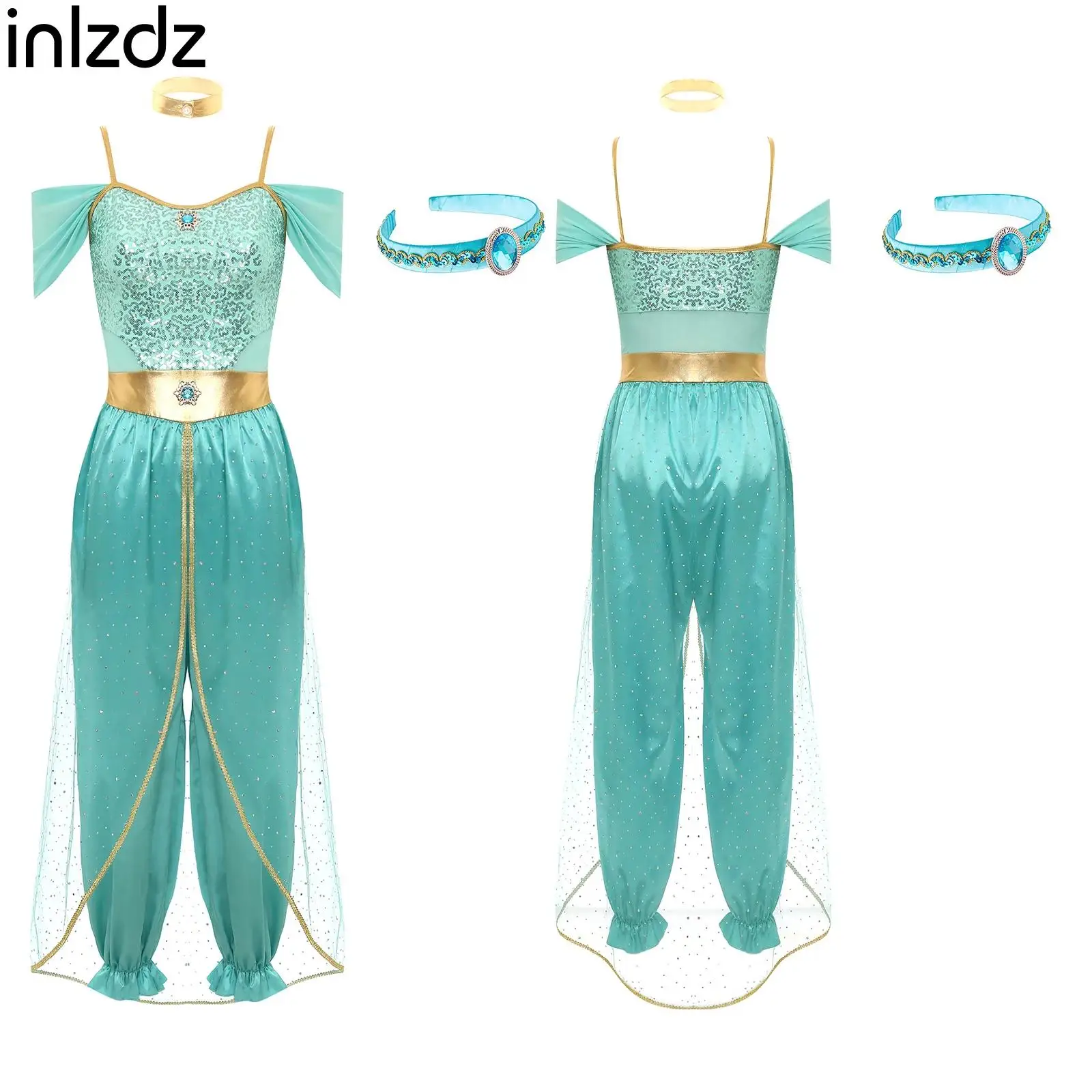 Women's Arabian Princess Costumes Sequin Tulle Rompers Belly Dance Jumpsuit for Halloween Christmas Club Party Stage Performance