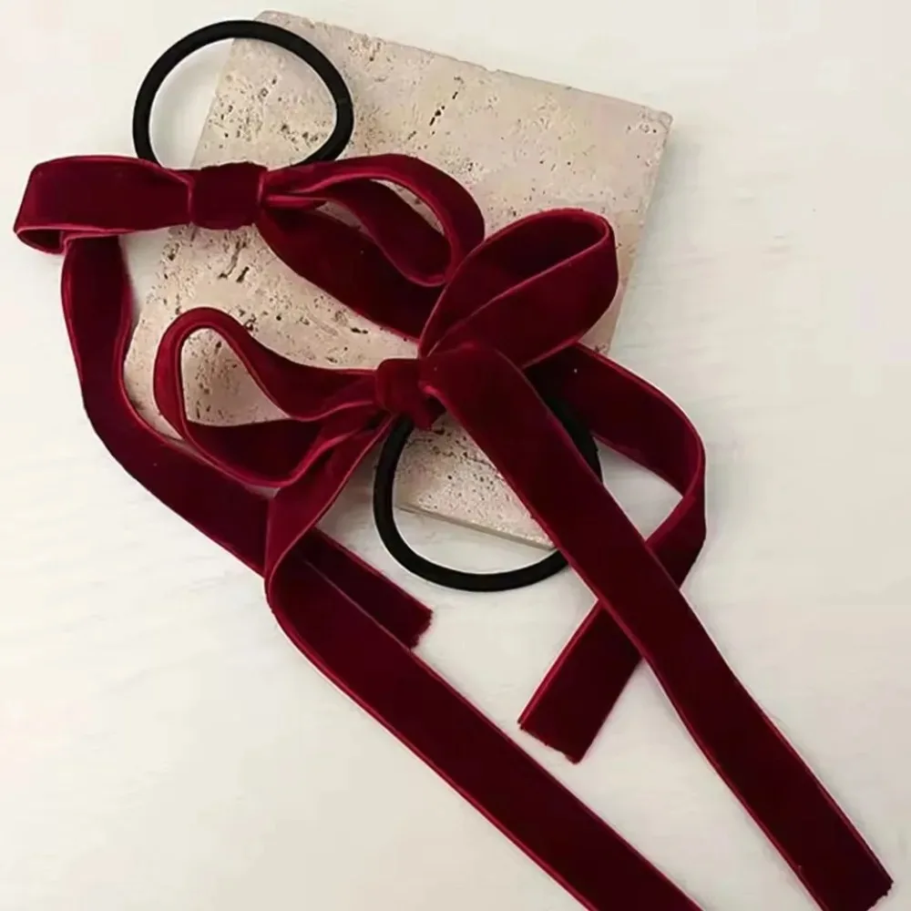 2Pcs Fashion Black Velvet Bow Hair Ties for Women Girl Party Hair Accessories, Black Red Bow Rubber Bands Suitable for Daily Use view 4