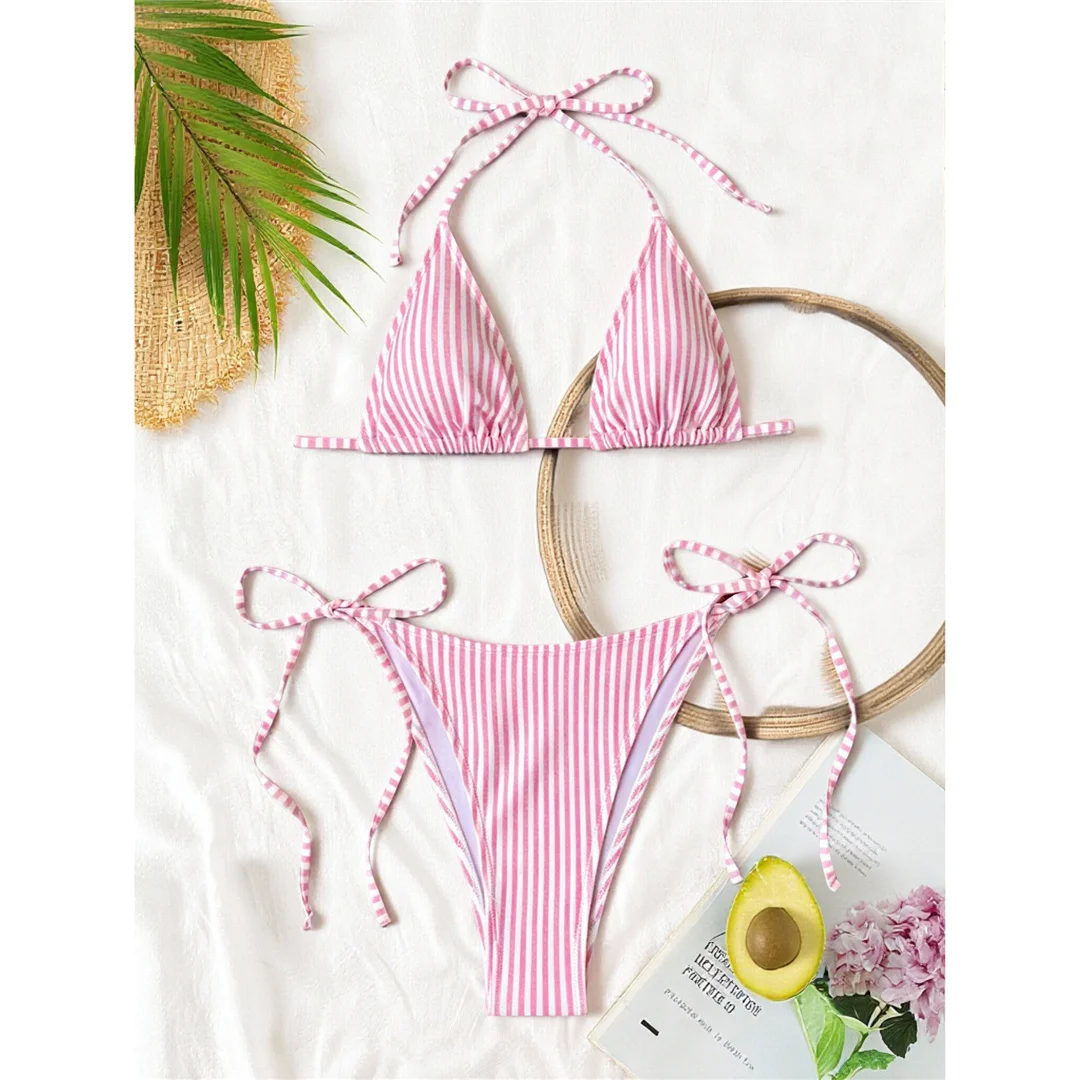 S - XL Gestreifter Neckholder-Bikini, Damen-Badeanzug, zweiteiliges Bikini-Set, hoch geschnittene Beine, Badebekleidung, Badeanzug, Schwimmbekleidung V8527 – Detail 30