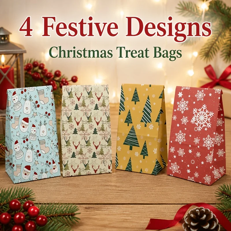 12/24/48Pcs Christmas Paper Gift Bags, 4 Designs Festive Xmas Goodie Treat Bags, Holiday Party Favor Bags for Candy Cookie