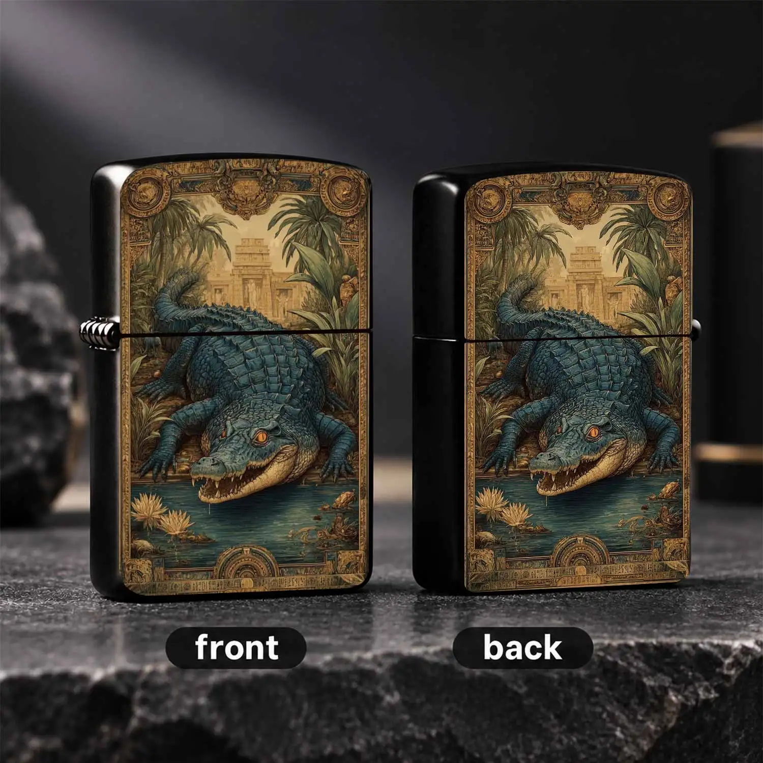 Vintage Ancient Egyptian Style Crocodile Pattern Lighter, Exquisite Ornate Border Art Design, Retro Nile Tropic Themed Decor, Portable All-Scene Daily Accessory, Unique Creative Gift For Art Lovers, Colle A Humorous And Interesting Lighter