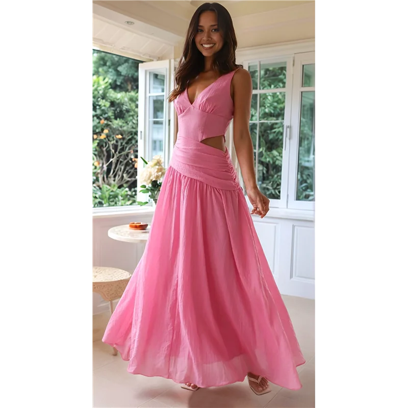 ABRT-dames lange verlaagde taille ruches zomerfeestjurk vloeiende v-hals uitgesneden geplooide damesjurken