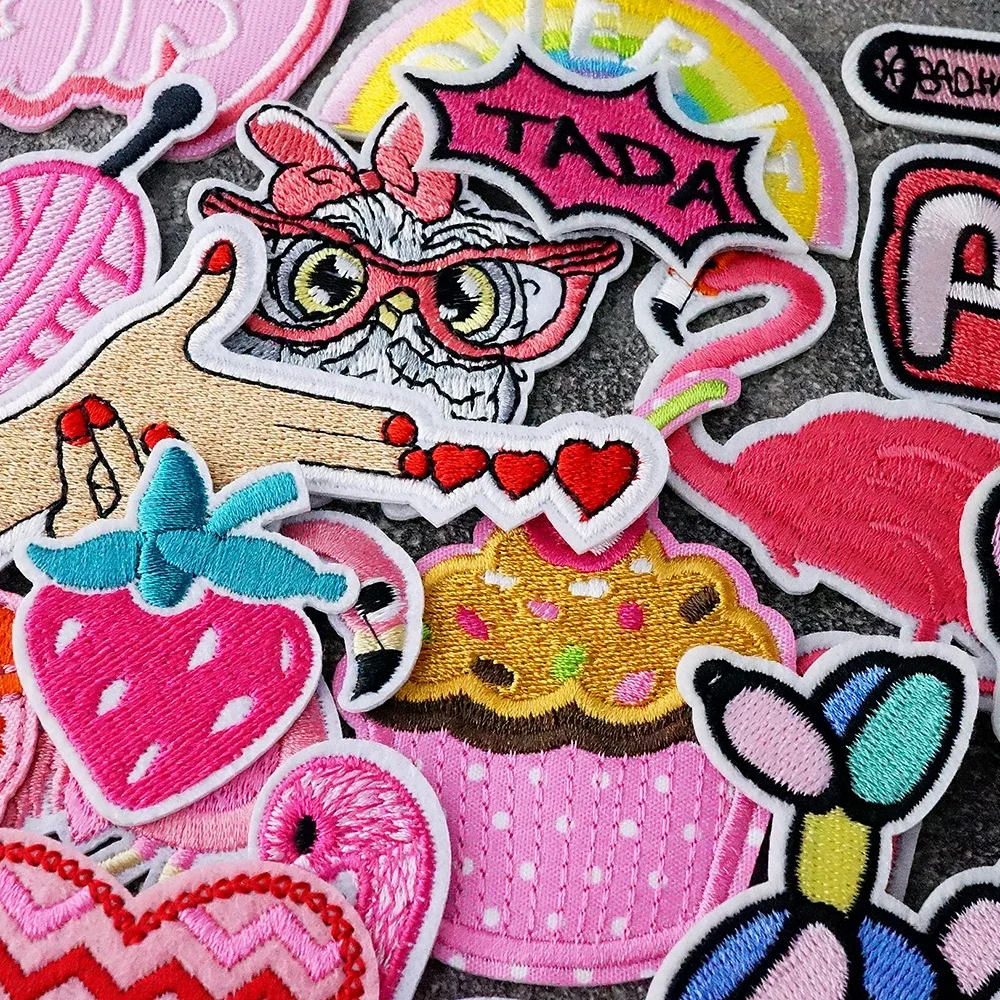 Pink Flamingo Cake Girl Iron on Patches Appliques for Clothing Embroidery Cloth Stickers Sewing Handmade Decoration Repair Patch