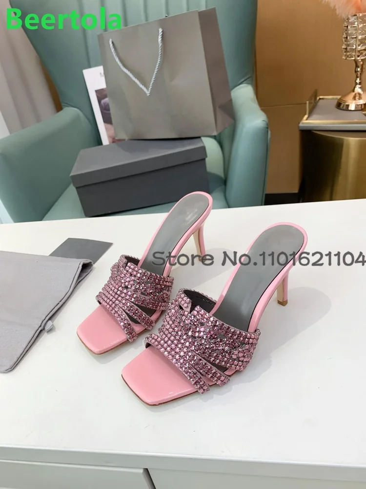 Kwadratowe Toe cienkie szpilki kryształowe kapcie 2024 nowe Blingbling luksusowy design na zewnątrz elegancka moda Party kobiece buty damskie