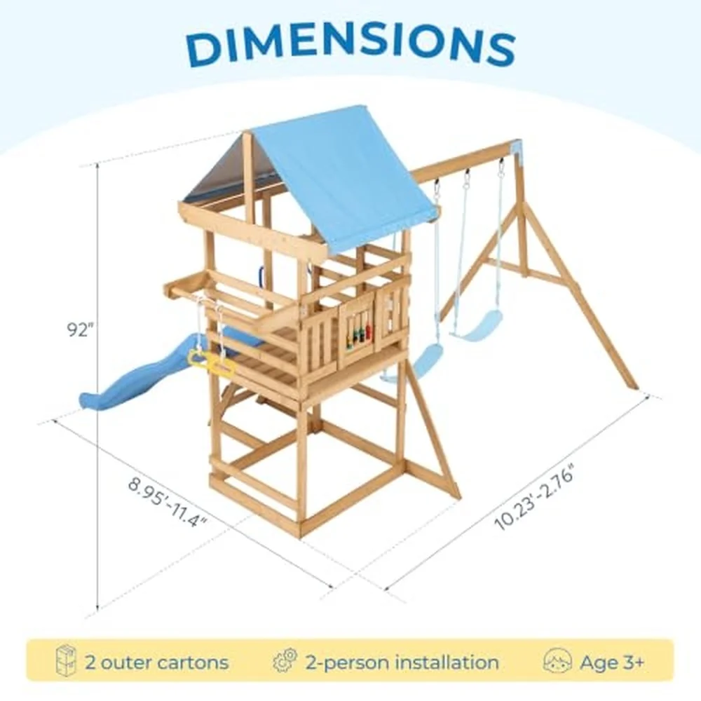 Wooden Swing Set for Backyard Kids Outdoor Playset with 2 Belt Swings Wave Slide Play Deck Rock Wall Ladder & Pull Up