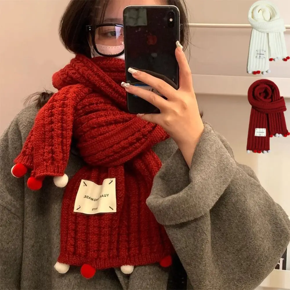 

Новый сохраняющий тепло шарф с крестом, новогодний вязаный шарф с маленьким шариком, красный утепленный шарф для шеи для девочек
