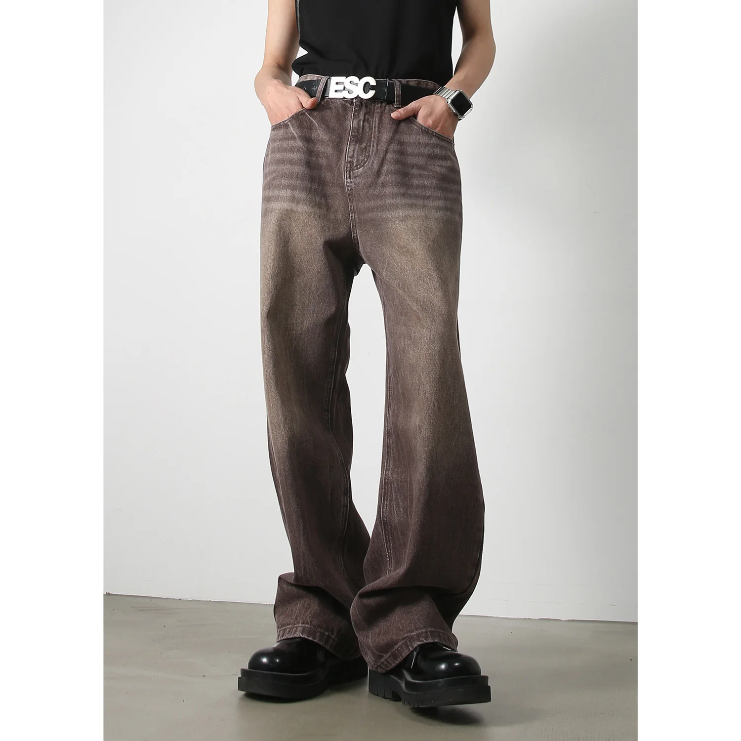 

American retro brown washed loose straight jeans men's wide-leg casual trousers