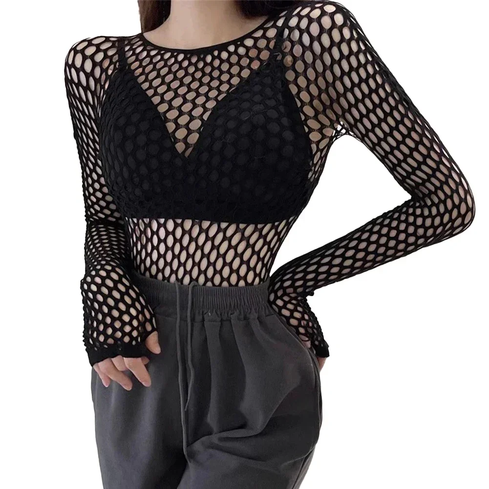 

2025 New Womens Sexy Mesh Long Sleeve Fishnets Tops Fun Fashion Slim Fit Tops Hollow Out See Through Loose Female T-shirts