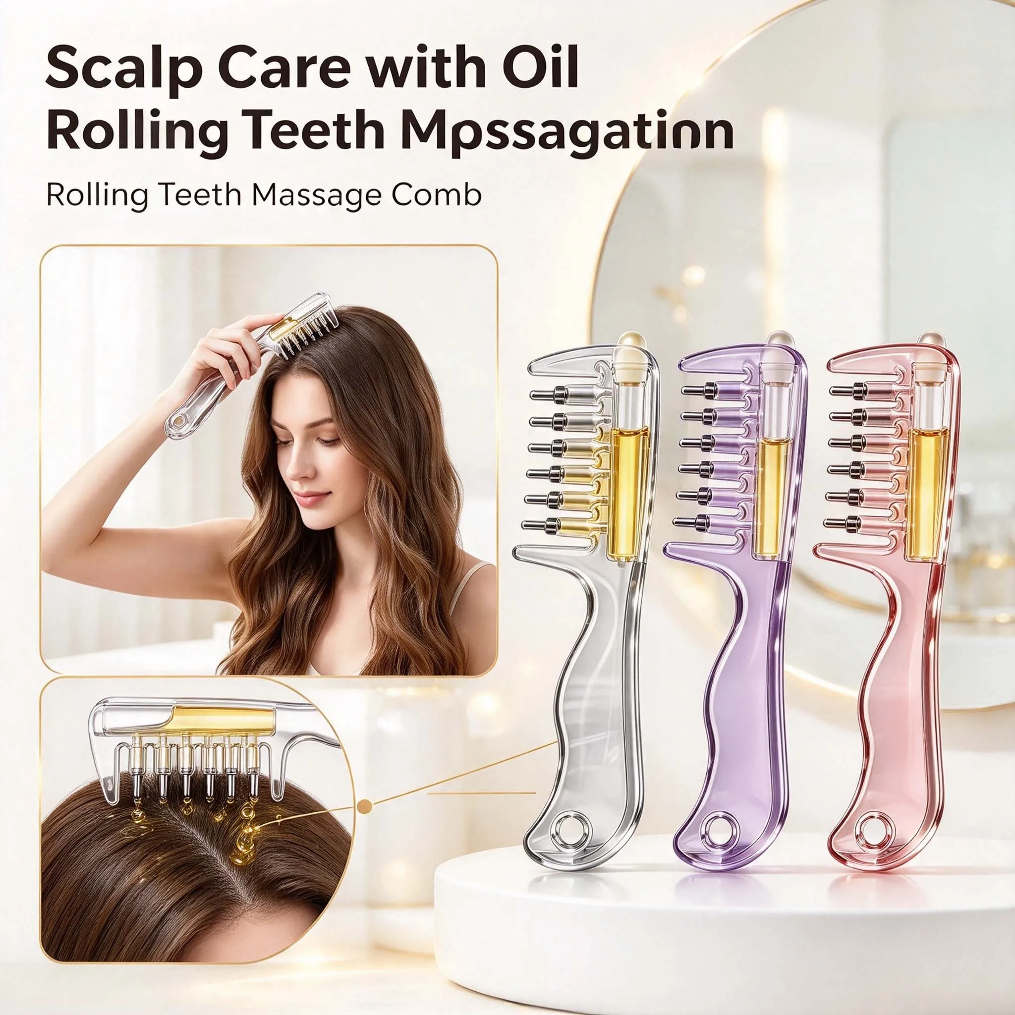Unisex Scalp Hair Growth Comb Essential Oil Applicator Built-In Liquid Reservoir Rolling Metal Teeth Nourishing Hair Care Tool