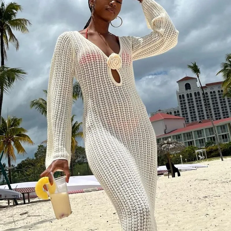 2024 Summer Elegant Knitted Hollow Out Floral Beachwear Dress Women Sexy V Neck Long Sleeve See Through Backless Vacation Robe