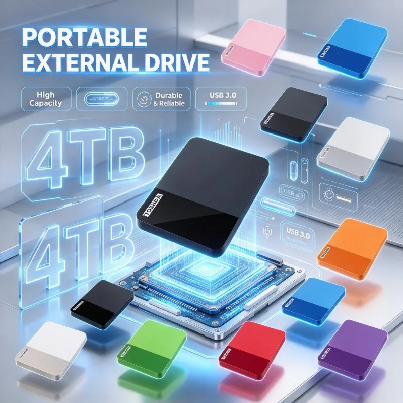 SSD portátil de 4 TB com Wi-Fi, transferência de arquivos, unidade de estado sólido externa, disponível em várias cores, para armazenamento em laptops, computadores de mesa e telemóveis.
