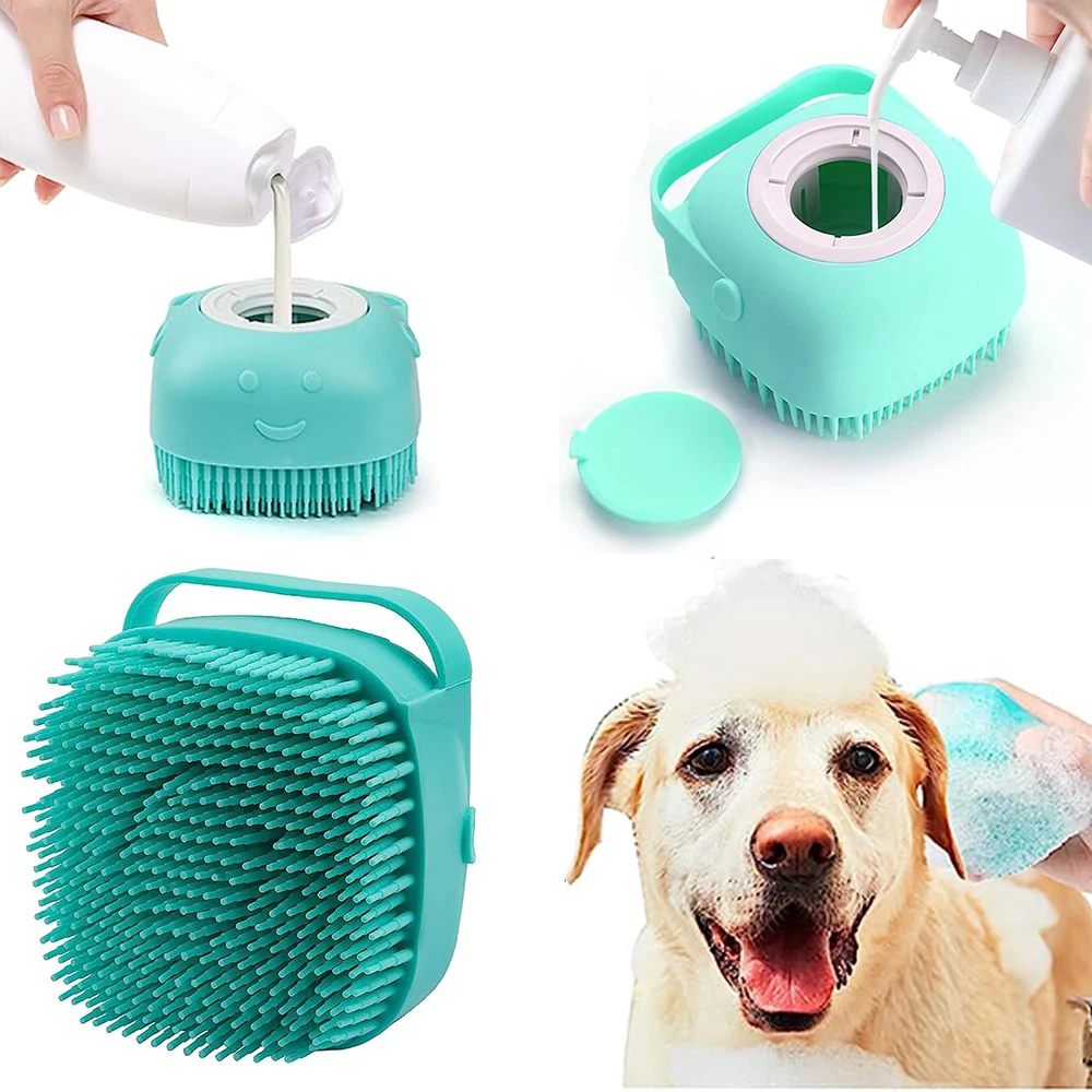 Stress-Free Pet Bath Massage Brush with Shampoo Dispenser, Soft Silicone Soothing Grooming Tool to Calm Scared Dogs & Cats During Shower