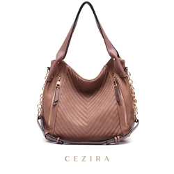 CEZIRA Women Daily Large PU Vegan Leather Shoulder Bags Fashion Chain Strap Luxury Thread Tote Female Casual Hobo Handbags Purse