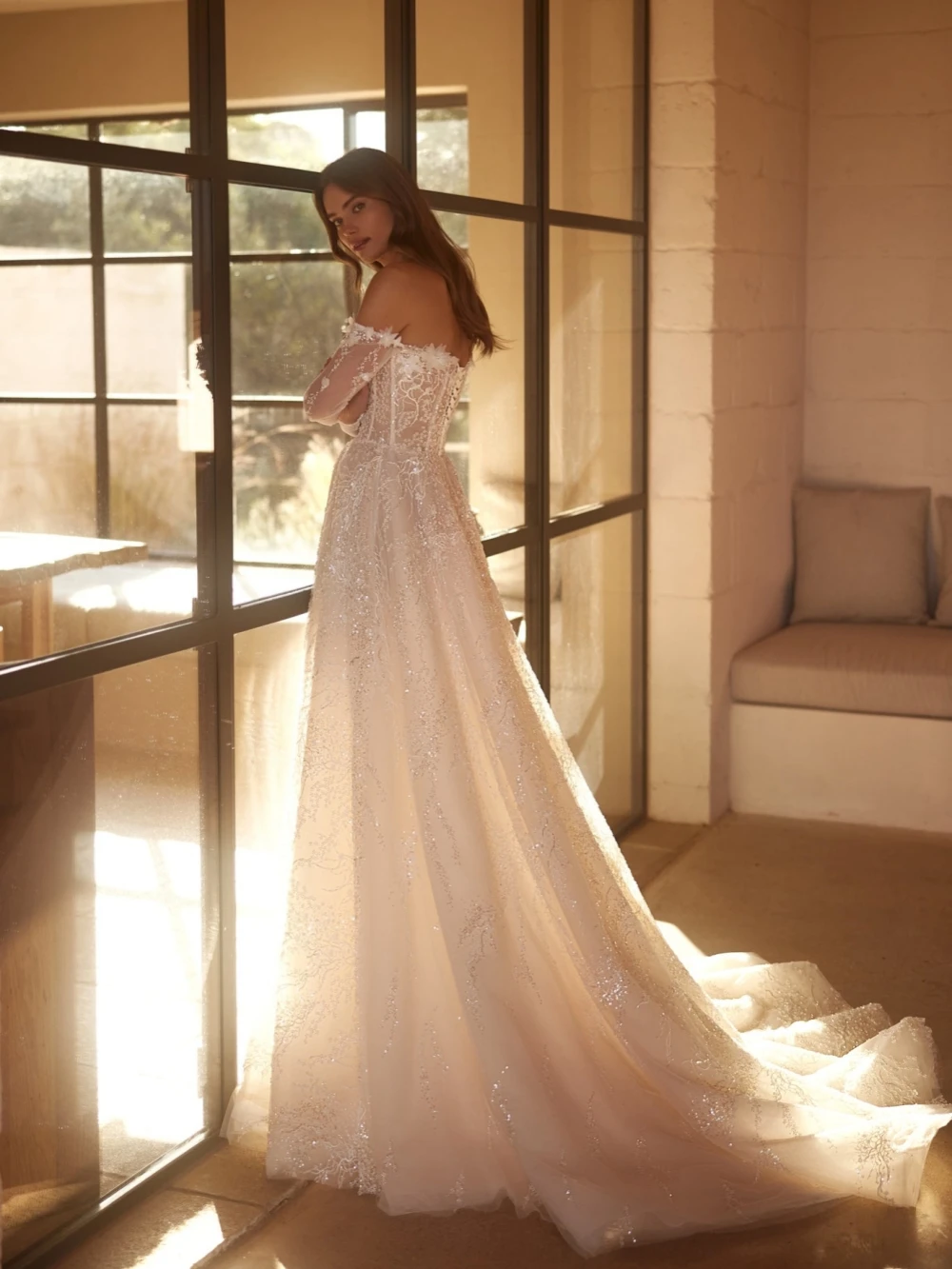 Vestido De novia De manga larga con hombros descubiertos, bata De novia con cuentas y lentejuelas, vestido De novia largo elegante De corte en A, bata personalizada De boda