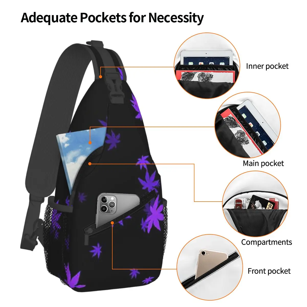 Hemp Leaf Pattern Chest Bag Men Sling Crossbody Backpack Chest Bag Traveling Hiking Daypack Shoulder Bag
