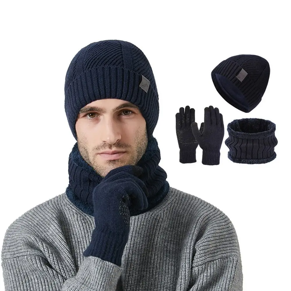 3Pcs/Set Warm Winter Hat Scarf Gloves Set Non Slip Lining Scarf Neck Warmer Suit Soft Windproof Knit Beanie Snood Set for Men